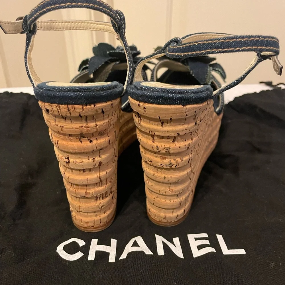 Authentic Chanel Wedge, Jean Material and Flower application, Size 9 1/2 - Picture 4 of 6